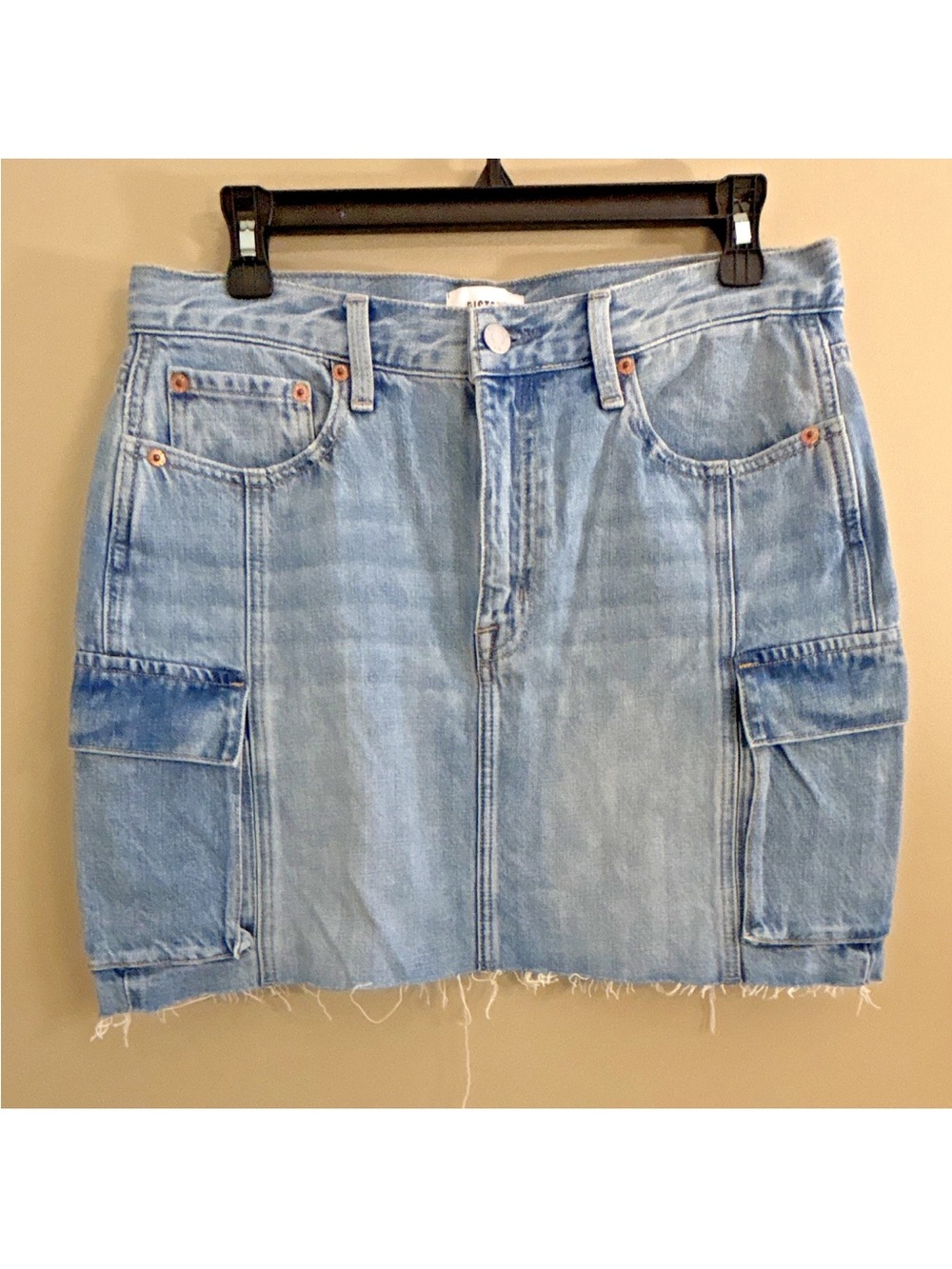 Pistola Rhea Cargo Denim Mini Skirt Size 29 Light Wash Frayed Raw Hem Y2K